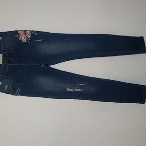 Angel Kiss Embroidered Destroyed Jeans Stretch Mid Rise Faded Dark Wash